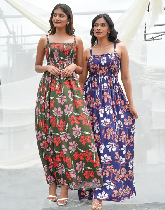 Spring & Summer Floral Smocked Maxi Strappy Dress