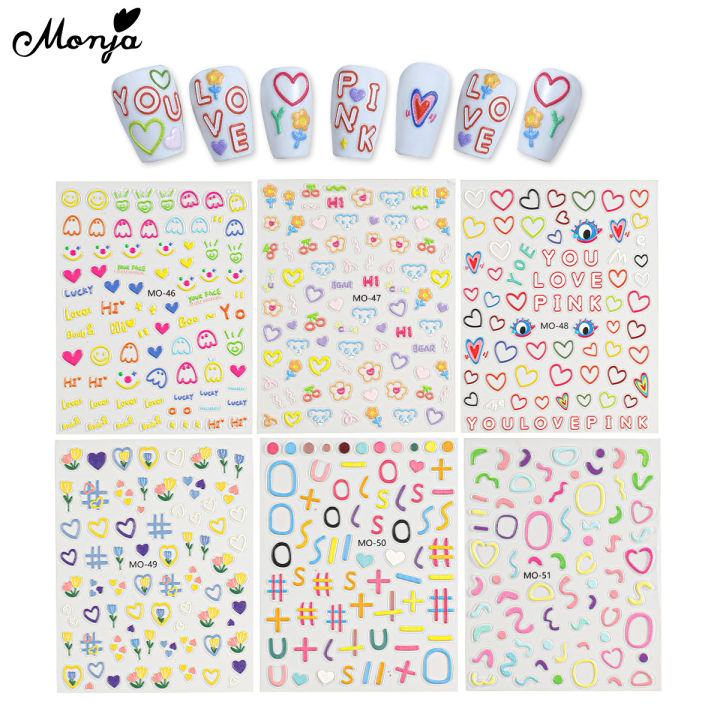 Monja 5D Nail Art Stickers Cute Lines Cartoon Embossed Colorful Heart Patterns Reliefs Adhesive Decals DIY Nail Art Decoration Tools