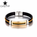 Golden Chain Stainless Steel Bracelets for Men Women Teens Black Rubber Belt Wristband Cuff Bangle Male Hand Jewelry Gifts. 