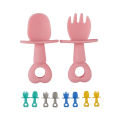 2 Pcs/Set Kid Spoon Kit Food Grade Rounded Edge Silicone Self Feeding Baby Fork Set for Toddler. 