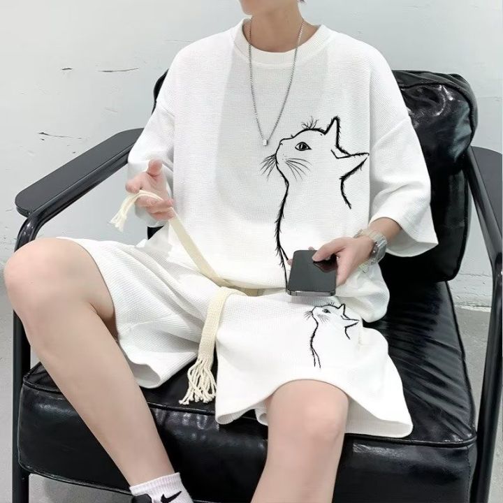 Jinjai%20Summer%20New%20Korean%20Style%20Retro%20Fashion%20Ice%20Silk%20Waffle%20Suit%20Men's%20Casual%20ins%20Half%20Sleeve%20Two-Piece%20Set%20-%20Image%203