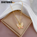 DIEYURO 316L Stainless Steel Pink Cute Butterfly Pendant Necklace For Women Fashion Girls Clavicle Chain Jewelry Birthday Gifts. 