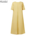 【WEJA】Korean Style Women's Dresses Casual Short Sleeve V-Neck Loose Pleated A-Line Midi Sundress #8. 