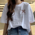100%Cotton Short SleeveTWomen's T-shirt2023Summer New Korean Style Loose Print Bottoming Shirt All-Match White Top. 