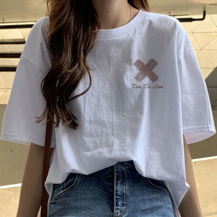 100%Cotton Short SleeveTWomen's T-shirt2023Summer New Korean Style Loose Print Bottoming Shirt All-Match White Top
