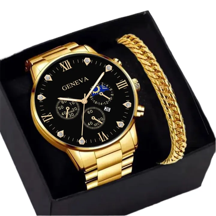 Enacolor 2Pcs/Set Elegant Gold Metal Steel Strip Chain Bracelet Quartz Watch Set Fashion Casual Accessories Business Men Gift
