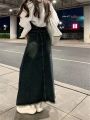 Retro Gray Maxi Long Denim Skirt Women Y2k Tassel Buttoned Bleached Blue Jeans Skirt Oversize Vintage High Waist Acubi Fashion. 
