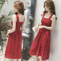 【WEJA】Summer New off-Shoulder Suspender Skirt Women's Slim Fit Mid Length Long Length Red Polka Dot Dress Slim Looking Sleeveless Suspender Skirt. 