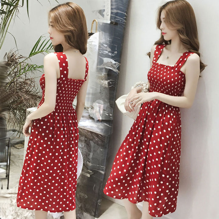 【WEJA】Summer New off-Shoulder Suspender Skirt Women's Slim Fit Mid Length Long Length Red Polka Dot Dress Slim Looking Sleeveless Suspender Skirt
