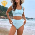 Breathable Bikini Set Flounce Shoulder Bikini Set High Waist Control Briefs Quick-dry Beachwear Swimsuit for Women 2pcs/set Bikini Set with Chest Pad. 