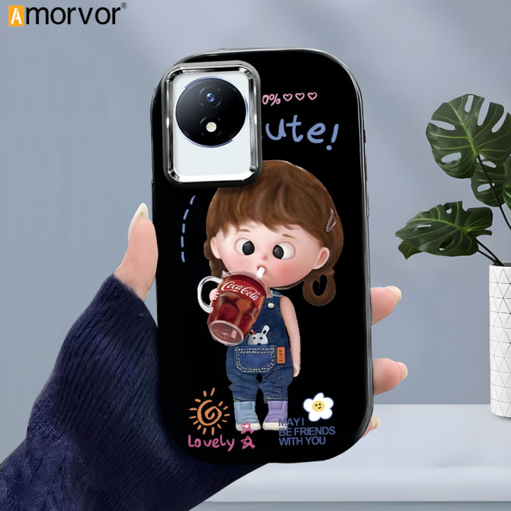 AMORVOR Case for Vivo Y02 Y02A Y02T Cute The Little Girl Drinks Cola Back Cover Pattern Luxury Plating Metal Lens Soft Liquid Silicone Case