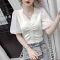 【Free Returns】 Blouse Women Solid V-neck Chiffon Puff Sleeve Ladies Knitted Shirts Summer New Thin Korean Style Plus Size Female Tops. 