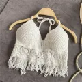 Tassel Tank Top Women's Embroidered Cotton Cropped Tank Hollow Out Knitted Bra for Beachwear Yoga Apparel Ladies Fashion Boho Style Casual Wear Summer. 