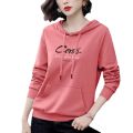 Yfashion Women Cotton Hooded Sweater Trendy Letter Printing Long Sleeves Sweatshirt Loose Pullover Tops. 