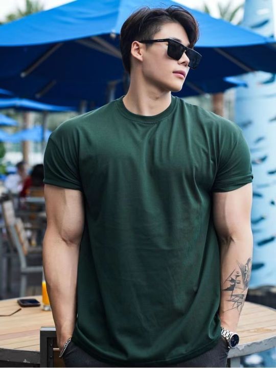 American%20Fashion%20Brand%20Sports%20Fitness%20Short%20Sleeve%20T%20T-shirt%20Men's%20Fashionable%20Cuff%20Wait%20Lifting%20Training%20Breathable%20Muscle-Showing%20Clothes%20Summer%20-%20Image%207