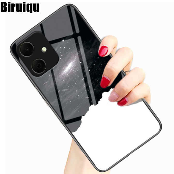 Biruiqu For Samsung Galaxy A05 Shockproof Starry Colorful Tempered Glass Back Soft Silicone Edge Case Cover
