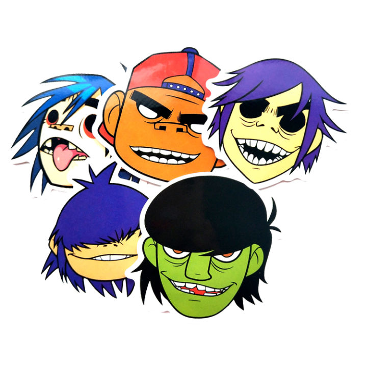 【Exclusive Offer】5pcs Hip Hop Blur Band Gorillaz Cool Stickers for Laptop Skateboard Skis Snowboard Bicycle Bike Luggage PVC Waterproof toy Stick