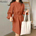 【ThinkWay】Korean Style Womens Fashion Stand Collar Long Sleeve Dress Elegant Plain Mini Shirt Dresses #10. 