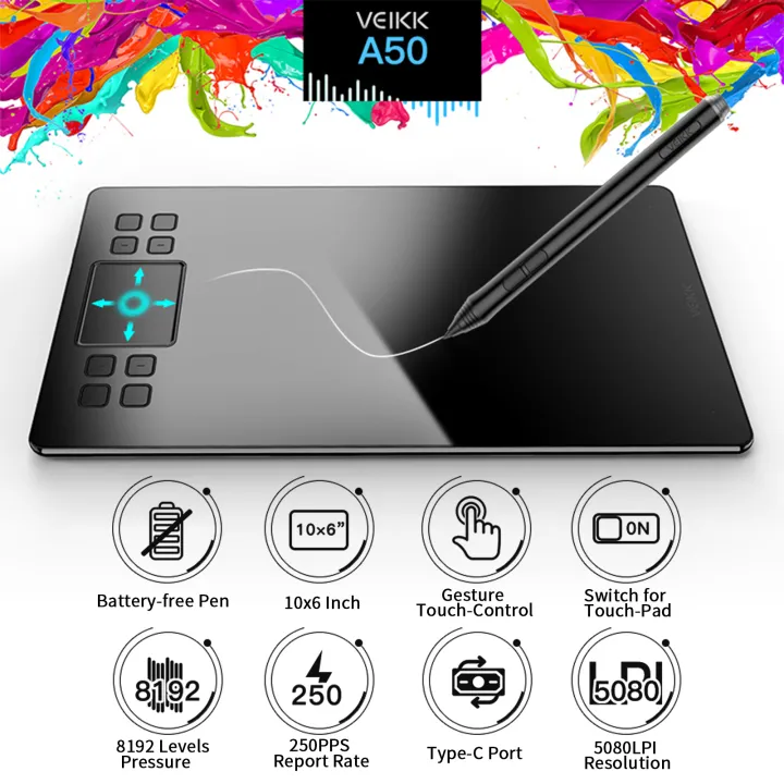 VEIKK%20A50%20Graphics%20Drawing%20ta-blet%2010%20x%206%20Inch%20Large%20Active%20Area%208%20Express%20Keys%20&%20Gesture%20Touch-Pad%208192%20Levels%20Pressure%20Art%20Graphics%20ta-blet%20with%20batt-ery-free%20Stylus%208%20Pen%20Nibs%20Compatible%20with%20Windows%20Mac%20OS%20Andr-oid%20for%20Painting%20Design%20Online%20Teaching%20-%20Image%204