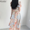 【WEJA】 Korean Style Womens Floral Printed A-Line Sundress Elegant V-Neck Collect Waist Dress #11. 