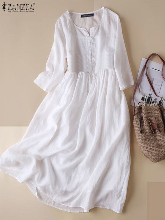 ZANZEA Women White Beach Dress Solid Summer A-line Half Sleeve Shirt Dress Casual Loose Pocket Sundress Holiday Baggy Long Robe