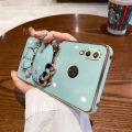 For Huawei Y7 2019 / Y7 Prime 2019 Back Cover with Cute Cat Makeup Mirror Stand Bracket Luxury 6D Plating Square Frame Phone Case Shiny Holder Soft Silicone Protective Cases Pouch Girls. 