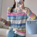 Long Sleeved Knitted Button Cardigan Women Autumn Design Rainbow Fashion Top New Korean Style Slim Short Top Stripe Trend. 