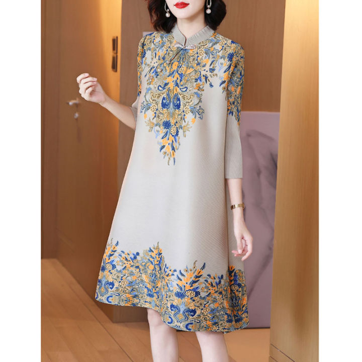 bellylady%20Women%20Cotton%20Improved%20Cheongsam%20Dress%20Vintage%20Printing%20Buckle%20Midi%20Skirt%20Loose%20Plus%20Size%20Chinese%20Style%20Stand%20Collar%20Dress%20-%20Image%207