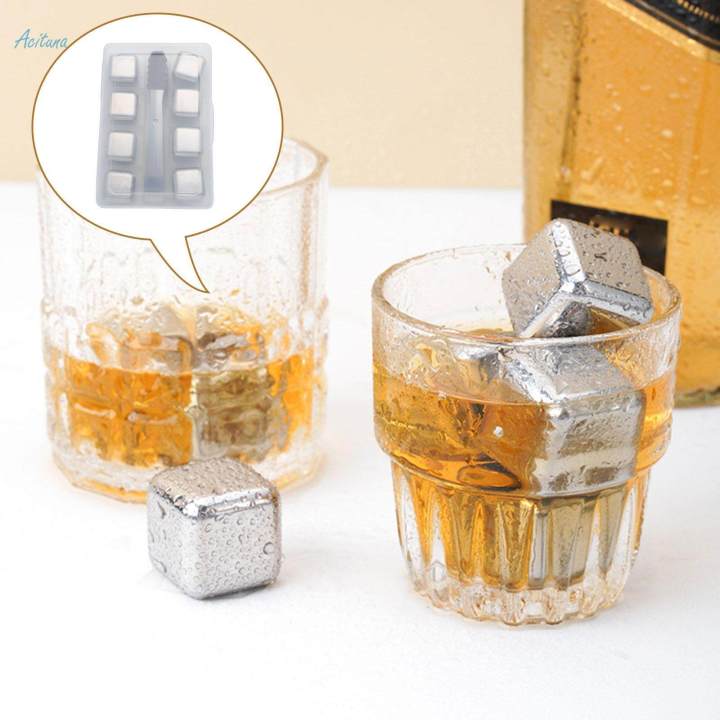 Stainless Steel Ice Cubes Cooling Cube Reusable with Tongs and Cube Tray Whisky Ice Cubes Chilling Stones for Home Wedding 2.5cm