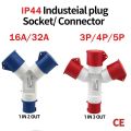 IP44 Waterproof Industrial Plug Three-Way Y-Type Socket 16A 32A 3 4 5 Pin Wiring and Three-Phase Electricity Connector 1013. 