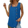 Trending Plain Pleated Top With Side Buttons Square Deep Neck, Sleeveless Blouse Single Jersey Cotton Fabric Tops Casual Fit Office Wear /Tshirt/ Blouse Navy Blue Colour For Women/ Ladies / Girls. 