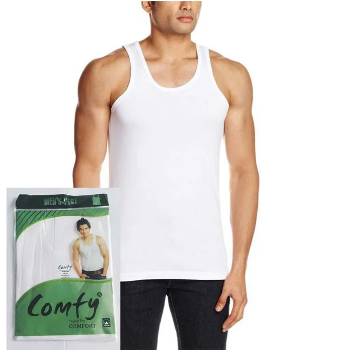 Comfy Men Sleeveless White Cotton Vest - RN - 100% Cotton