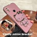 For Vivo Y95 Y93 Y91 Y91i Y91C Y85 Back Cover with Cute Cat Makeup Mirror Stand Bracket Luxury 6D Plating Shiny Bling Case Square Edge Soft Silicone Mobile Phone Cases Pouch Girls. 