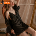 SYQ Lingerie Pajamas Women's Lace Bare Back Artificial Silk Slip Nightdress Nightgown Set With Chest Pad. 
