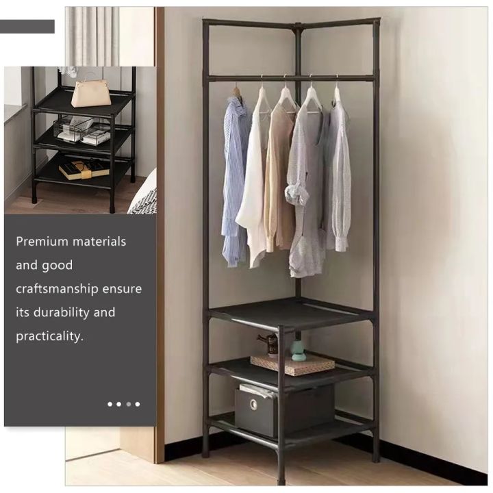 Multi-Function Corner Coat Rack, Floor Stationary Clothes Hanger Shelves, Removable Metal Clothes Storage Shelves, Hanging Shelf Bedroom Standing Corner Coat Rack Easy Assembly Portable Clothes Rack Furniture Storage Rack