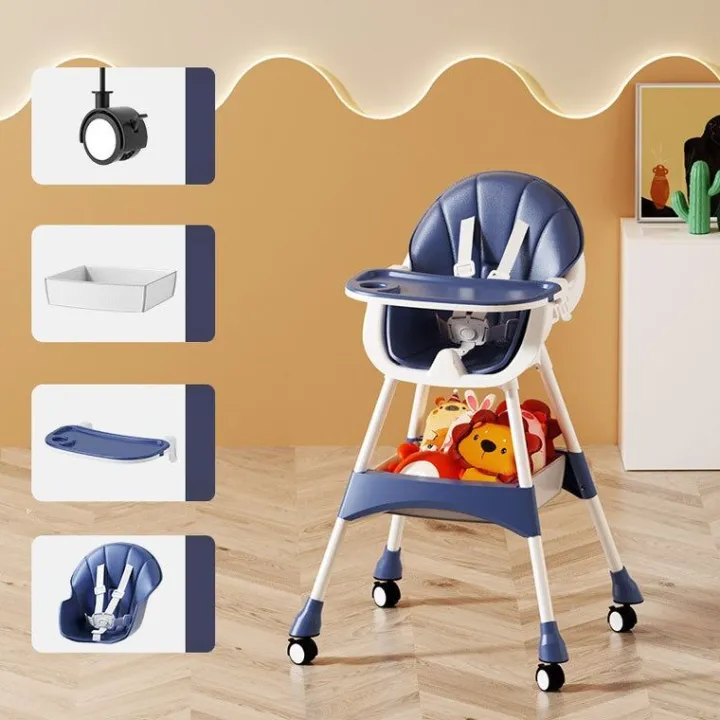 Foldable Baby High Chair, Infant Chair with 4 Silent Wheel, Lightweight Multifunctional Toddlers Dining Chair for Feeding, Blue with Cushion | INeedz HC401