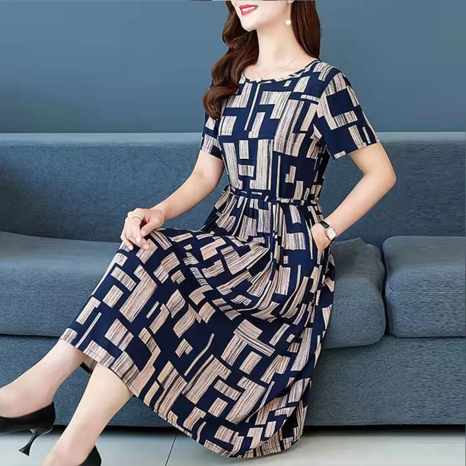 Yfashion Women Cotton Summer Short Sleeves Dress Elegant Stylish Printing  Round Neck Midi Skirt Large Size Loose Casual Dress | Daraz.lk