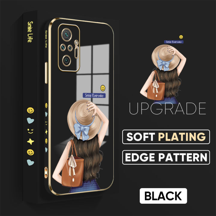 TA for Xiaomi Redmi Note 10 Pro Back Cover + Free Lanyard Back Girl Luxury 6D Plating Case Side Pattern Soft Silicone Square Phone Cases for Girls