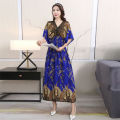 【ZIME】Women Bohemian Floral Printed Short Sleeve Long Dress V-neck Party Beach Maxi Dress. 