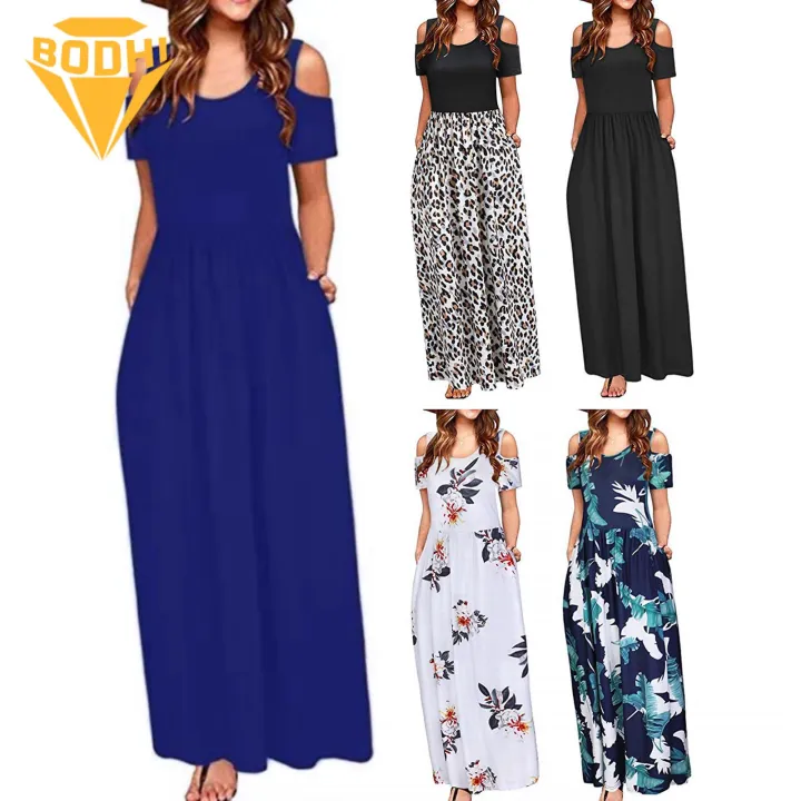Short Sleeves Dress Floral Print Maxi Dress for Women Short Sleeve Ankle-length Summer Beach Dress Women Loose Dress