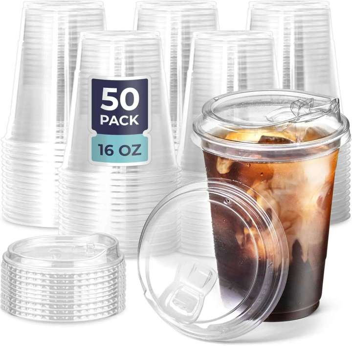 12/16/20/24oz Clear Plastic Cup with Lids 50 Set Disposable Cups for Iced Coffee or Juice Party Smoothie Milkshake Cold Drinks