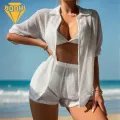Hollow Design Swimwear Cover Up 2pcs Summer Beach Cover Up Set Short Sleeve Hollow Design Quick Dry Shirt Shorts Set for Women Style Cover Up Coat. 