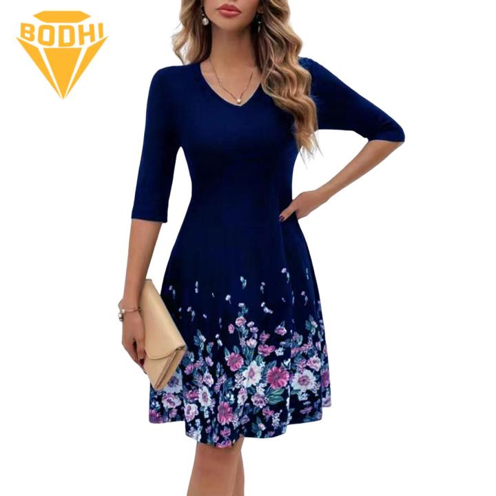 Printed Dress Floral Print V Neck A-line Midi Dress for Women Slim
