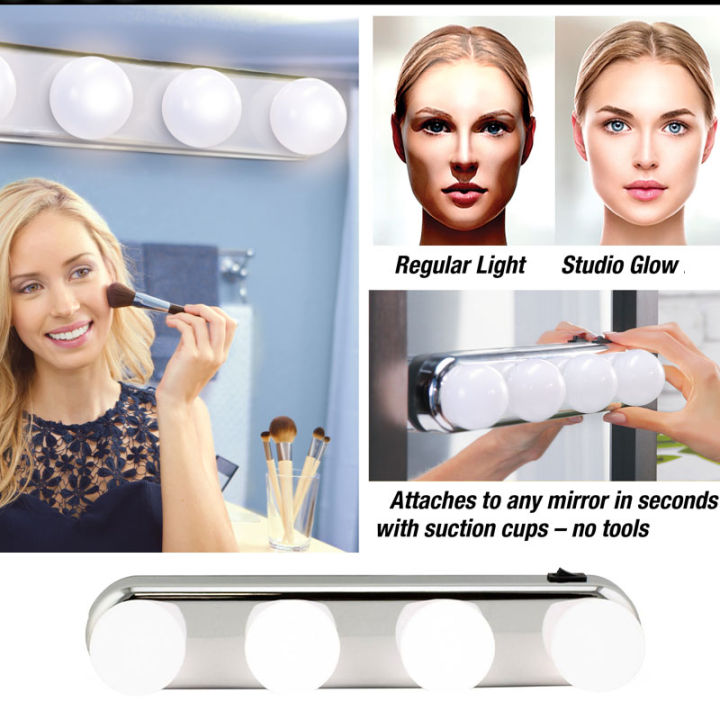 Portable Studio Glow Mirror Make-up Vanity Light for Dressing Table with 4 LED Bulbs and Powerful Suction Cups Bathroom Mirror Wall LED Vanity Lamp Makeup Light