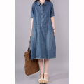 Yfashion Women Cotton Short Sleeves Denim Dress Large Size Casual Mid-length Skirt Fashion Simple Solid Color Lapel Dress. 