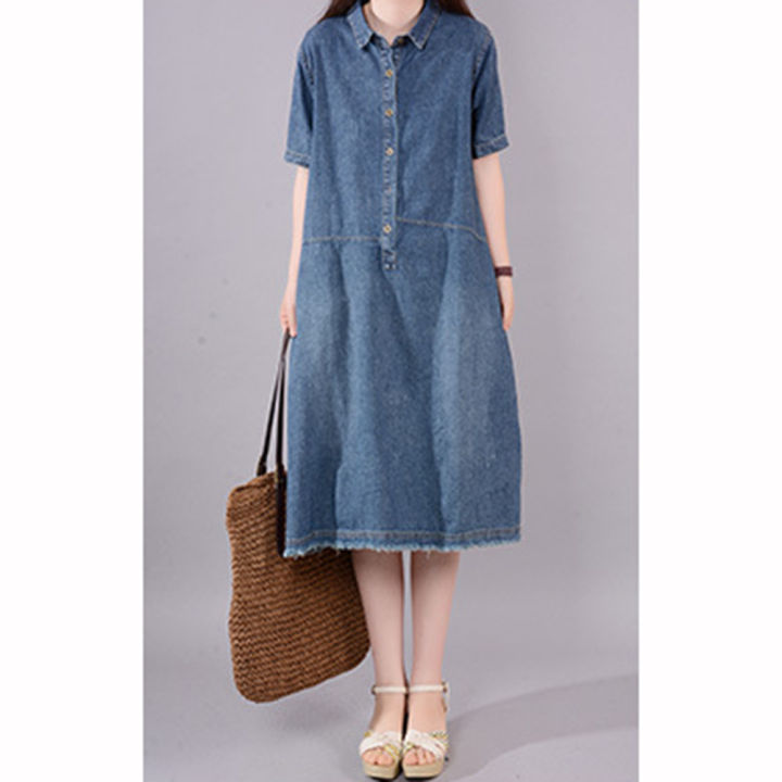 Yfashion%20Women%20Cotton%20Short%20Sleeves%20Denim%20Dress%20Large%20Size%20Casual%20Mid-length%20Skirt%20Fashion%20Simple%20Solid%20Color%20Lapel%20Dress%20-%20Image%206
