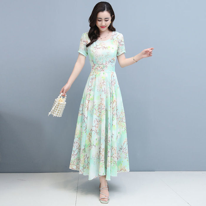 【WEJA】Summer New Arrival Short Sleeve Wide Lady High-End Mid Length Long Length Dress Female Elegant Slimming round Neck Print Fairy Skirt