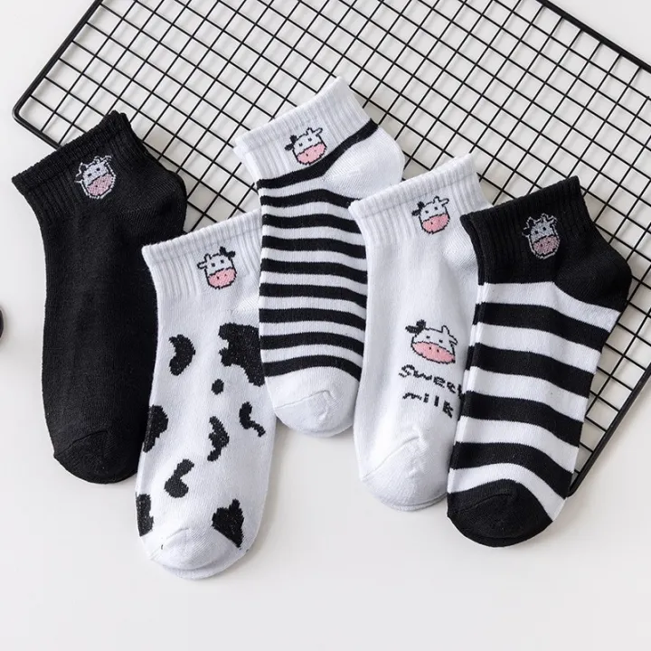 5Pairs/Lot Cow Bear Print Women Short Socks Cute Cartoon Girls Ankle Sock Spring Autumn Fashion Casual Female Sokken Korean Sox
