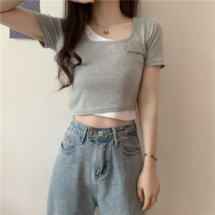 Mock Two-PieceTWomen's T-shirt Summer T-shirt Shory Style Bare Midriff Tight Korean StylechicDesign Sense Niche Hot Girl bmTop