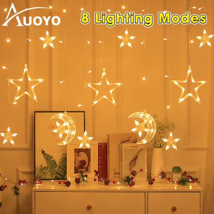 Auoyo LED Curtain Light Curtain String Light Star Curtain Light Moon Lighting String Twinkle Window Lights 3.5M Curtain Lights Transparent Strand 8 Modes Waterproof Crescents and Stars Lights for Indoor Outdoor Home Decorative EU Plug